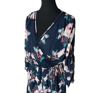 DR2 Navy Blue Floral Knee Length Summer Dress V Neck Drape Cut Outs Size Small